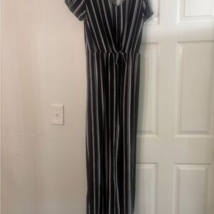 Kristin Nicole Black White Striped Tie Front Wide Leg Jumpsuit